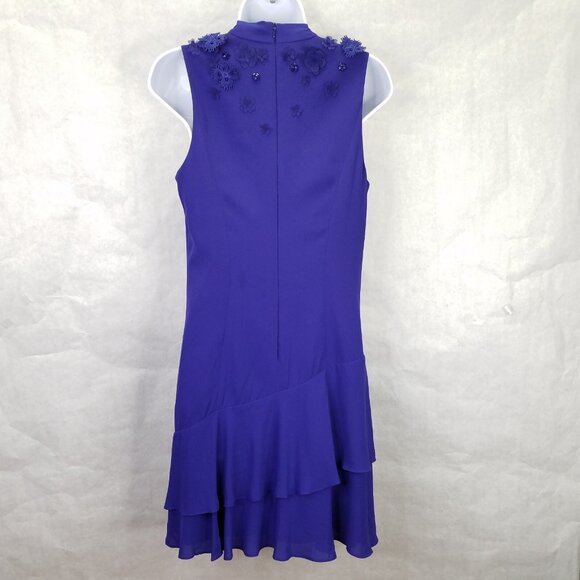 Karen Millan Mini Dress Sz 6 Floral Applique Beads Taffeta Purple Ruffle Tiered - Picture 9 of 16